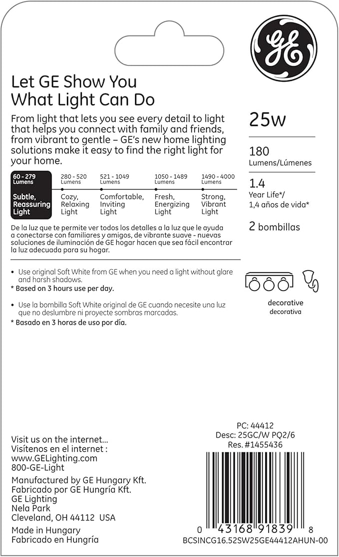 GE Soft White 44412 25-Watt, 180-Lumen G16.5 Light Bulb with Candelabra Base, 2-Pack