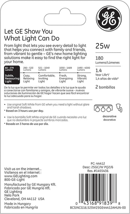 GE Soft White 44412 25-Watt, 180-Lumen G16.5 Light Bulb with Candelabra Base, 2-Pack