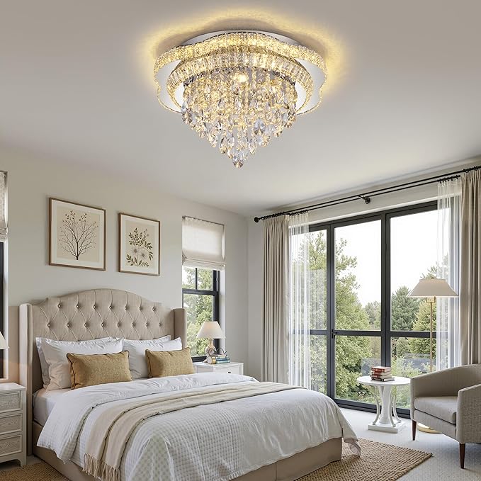 24" Sliver Crystal LED Ceiling Light Fixture with Remote Control,Flush Mount Chandelier with 3-Color Dimmable for Living Room Bedroom Dining Room Hallway - Modern Flower Design