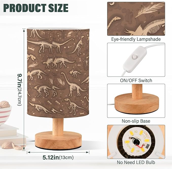 Table Lamp Dinosaur Fossil Dino Skeletons Pattern Nightstand Lamp with Wood Base Fabric Lamp Shade Bedside Desk Lamp for Living Room Bedroom Kids Room Office