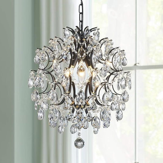 Bestier Modern Black Pendant Chandelier Crystal Raindrop Lighting Ceiling Light Fixture Lamp for Dining Room Bathroom Bedroom Livingroom entryway 3 E12 Bulbs Required D16 in x H18 in
