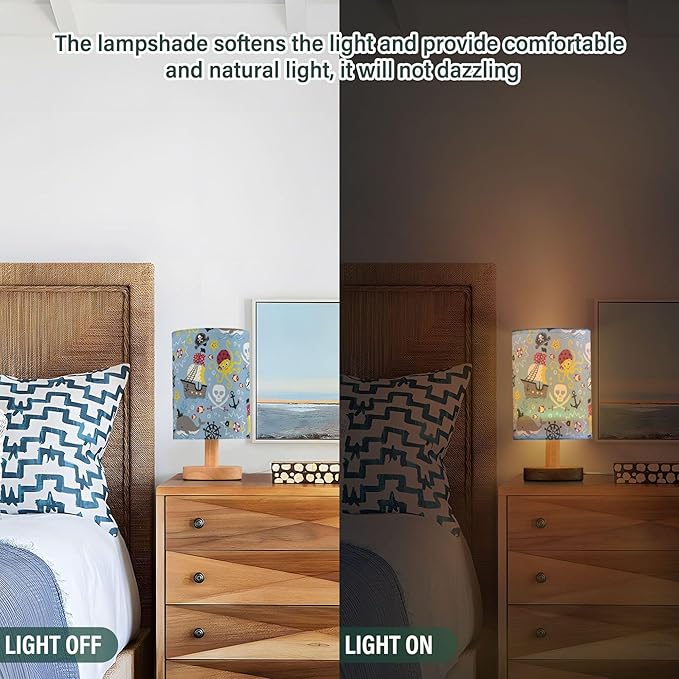 Table Lamp Pirate Marine Animal Octopus Whale Fish Nautical Skull Nightstand Lamp with Wood Base Fabric Lamp Shade Bedside Desk Lamp for Living Room Bedroom Kids Room Office