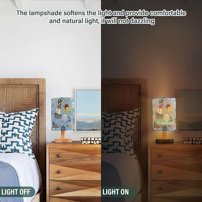 Table Lamp Pirate Marine Animal Octopus Whale Fish Nautical Skull Nightstand Lamp with Wood Base Fabric Lamp Shade Bedside Desk Lamp for Living Room Bedroom Kids Room Office