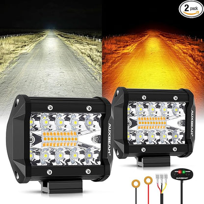 Auxbeam 6 Modes Amber White Series 4 Inch 120W Strobe LED Pod Lights Dual Color Auxiliary Offroad Light Bar Spot Flood Combo Flashing Fog Lights A-Pillar Bumper Grille Mount, Pair