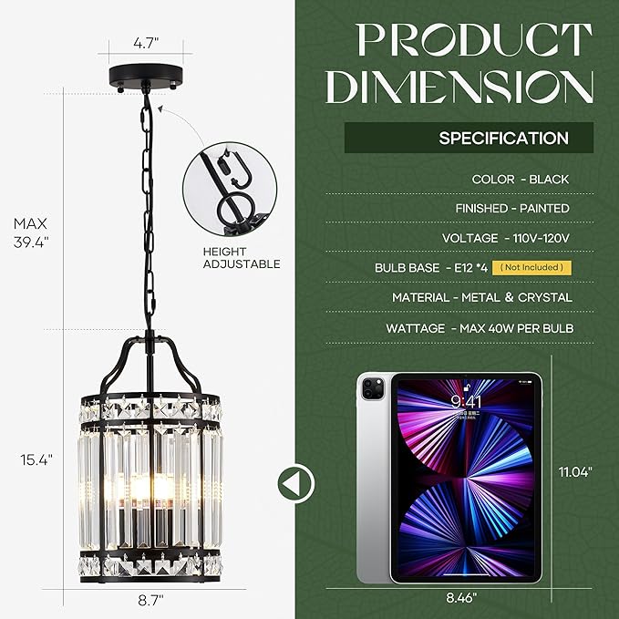 Modern Black Pendant Island Light Fixtures for Kitchen, Luxury Elegant Crystal Small 4-Light Chandeliers for Dining Room, Industrial Cage Hanging Ceiling Lighting for Bedroom Foyer Hallway