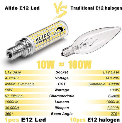 ALIDE E12 100W Dimmable Candelabra LED Light Bulbs Equivalent, Natural White 4000K,1000 Lumen C7 T6 Dimmable E12 10W LED Chandelier Bulbs for Ceiling Fan Pendant Salt Lamp,5 Pack