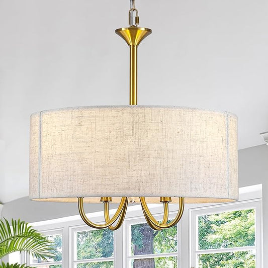Drum Chandelier for Dining Room, 4-Light Modern Farmhouse Gold Chandelier with Linen Drum Shade, 16" Hanging Pendant Ceiling Light Fixture for Kitchen Island Bedroom Living Room