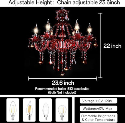 Bagood Red 6 Lights K9 Crystal Candle Chandeliers Lighting Modern Pendant Lights Crystal Modern Chandelier Candle Chandelier Lighting for Living Room Bedroom Hallway Entry E12 Base, H22 x W23.6 Inch