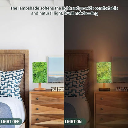 Table Lamp Marijuana Plant Green Cannabis Hemp Leaf Nightstand Lamp with Wood Base Fabric Lamp Shade Bedside Desk Lamp for Living Room Bedroom Kids Room Office