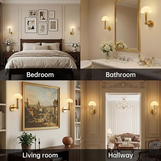Wireless Wall Sconce Set of 2 for Bedroom Living Room, Battery Operated Wall Sconce Decor Light with Remote & 5000mAh Rechargeable, Gold Mushroom Wall Lamps for Hallway Bathroom Vanity