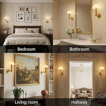 Wireless Wall Sconce Set of 2 for Bedroom Living Room, Battery Operated Wall Sconce Decor Light with Remote & 5000mAh Rechargeable, Gold Mushroom Wall Lamps for Hallway Bathroom Vanity