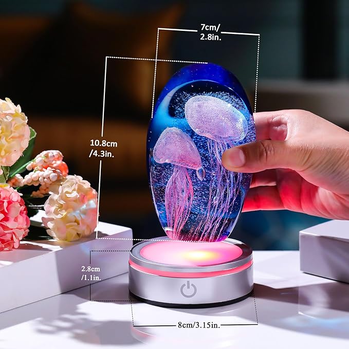 Hand Blown Glass Jellyfish Lamp - Ocean Themed Crystal Ball Desk Decor with LED Light, Aquarium & Beach Room Decoration, Collectible Figurine Paperweight Gift for Women (Purple)