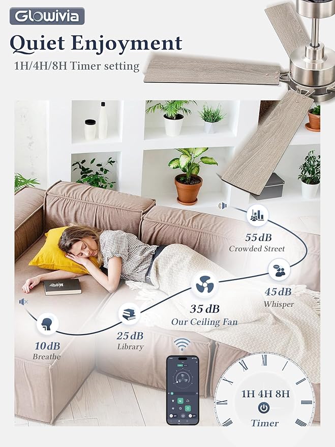 52 Inch Ceiling Fan with Lights and Remote, Smart APP Control, Dimmable with All-Setting Memory, Quiet DC Motor Reversible Blades, Damp Rated Modern Ceiling Fan for Bedroom Patio Living Room