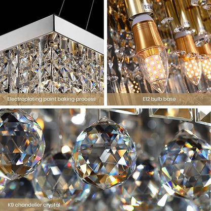 7PM Rectangle K9 Crystal Chandelier Modern Rectangular Pendant Light Fixture for Dining Room Kitchen Island Chrome L31.5 x W10 x H10