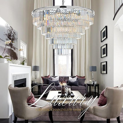 Luxury Crystal Chrome Chandelier Lighting Modern Contemporary Chandeliers Pendant Ceiling Lamp Light Fixture 7-Tier for Dining Room Living Room Hotel Showroom (24 Lights) W39.4