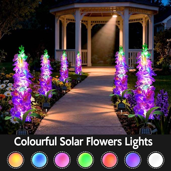 MRHEPHAESTUS Solar Garden Lights, Solar Purple Delphinium Flowers Lights 4 Pack 80 LEDs, Waterproof Outdoor Light Two Lighting Modes for Outside Wedding Party Garden Yard Patio Lawn Decor