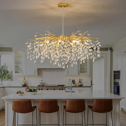 Modern Crystal Tree Branch Chandelier Gold L40'', Large Art Deco Linear Rectangle Raindrop Indoor Hanging Lighting Fixture for Dining Room Kitchen Island Living Room 12 Lights