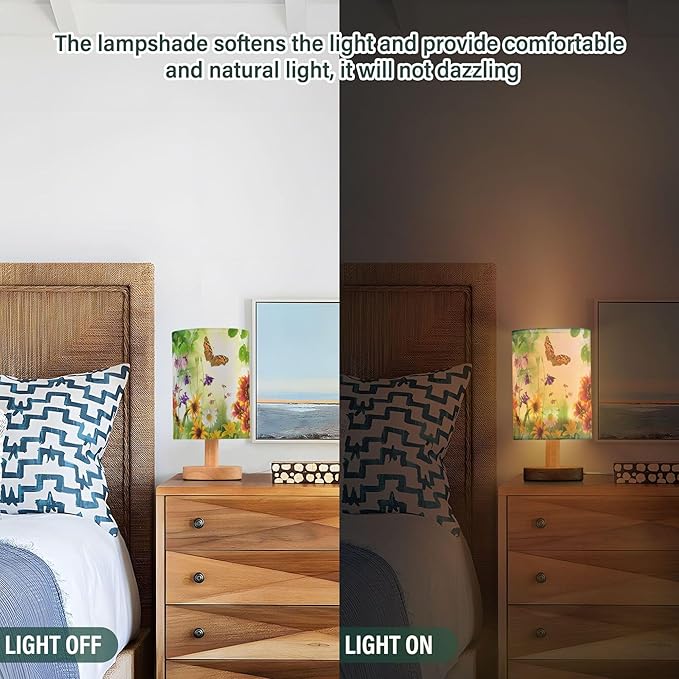 Nature Floral Chrysanthemum Iris Daisy Flower Butterfly Leaf Table Lamp with Wood Base Fabric Lamp Shade Bedside Nightstand Desk Lamp for Living Room Bedroom Kids Room Office