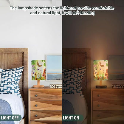 Nature Floral Chrysanthemum Iris Daisy Flower Butterfly Leaf Table Lamp with Wood Base Fabric Lamp Shade Bedside Nightstand Desk Lamp for Living Room Bedroom Kids Room Office