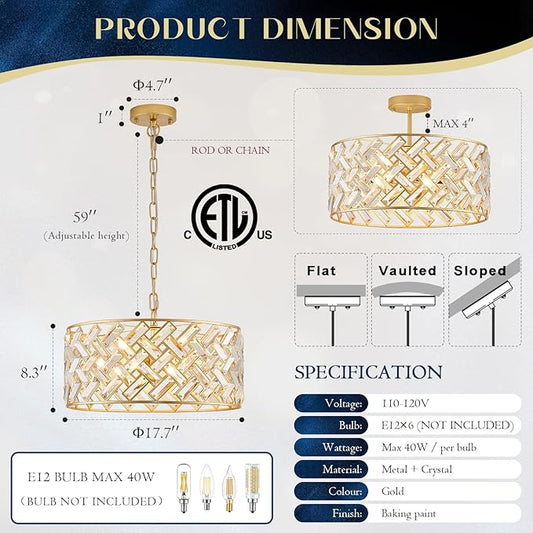 Gold Crystal Chandelier, 18" Modern Drum Ceiling Light Fixture, Luxury 6-Light K9 Crystal Pendant Lighting, Convertible Semi Flush Mount Hanging Light for Dining Room, Living Room, Bedroom, Kitchen