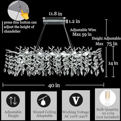 Tree Branch Chandelier Modern Crystal Pendant Light, Luxury Chrome Linear Rectangle Art Deco Raindrop Lighting Fixture for Dining Room Kitchen Island Living Room 10 Lights L40''