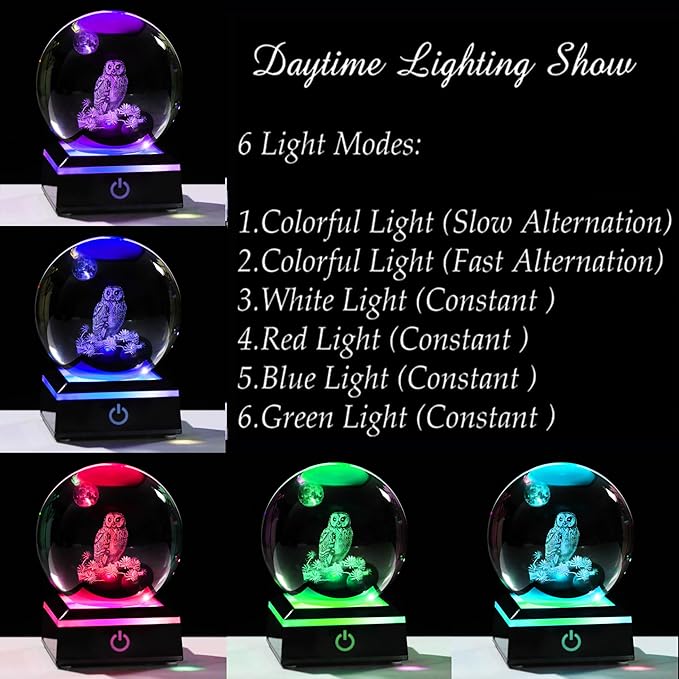Qianwei Owl Gifts for Women 3D Crystal Ball 3.14'' - Laser Owl Decor Glass Animals Bird Figurines Statue Stuff for Room Decorations Bird Night Light