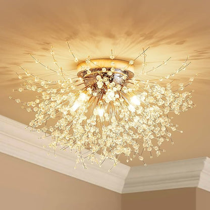 AGV LIGHTING CL023C Crystal Ceiling Light, Close to Ceiling Flushmount Light Fixture, Firework Design Dandelion Shape, 6-Lights, D18 x H10, Chrome Finish