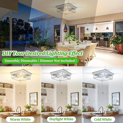White Hallway Light Fixtures for Ceiling, 2-Light Farmhouse Industrial Flush Mount Ceiling Lights, 2-Pack Metal Kitchen Light Fixtures, Square Close to Ceiling Lights for Bedroom Living Room Entryway
