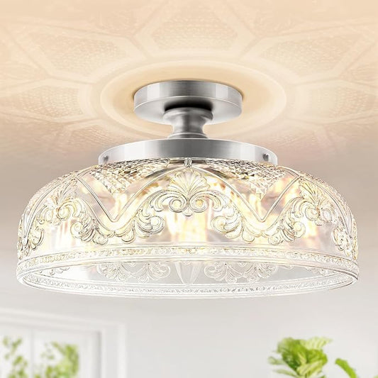 Semi Flush Mount Ceiling Light, 12 Inch Large Silver Ceiling Light Fixture, 3-Light Globe Glass Farmhouse Kitchen Lighting Fixtures for Bathroom, Hallway, Dining Room (Bulb Not Included)
