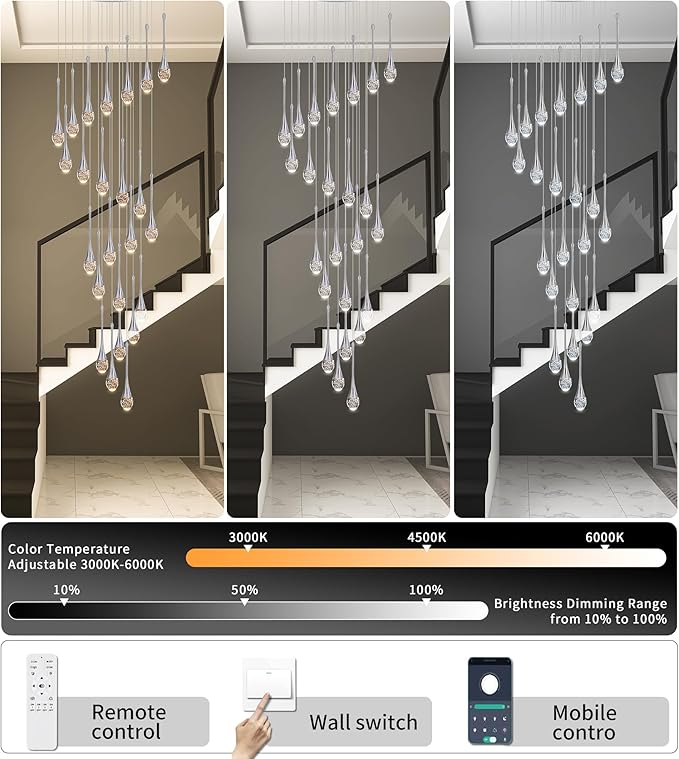 Modern Crystal Staircase Chandelier Polished Chrome 24-Lights, H138'' Large High Ceiling Spiral Dimmable LED Raindrop Foyer Entryway Light Fixture Remote Control