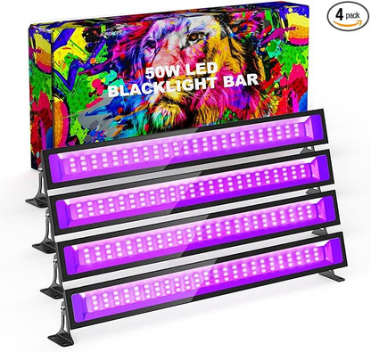 50W LED Black Light, 385nm UV Light Bar with Plug & Switch, IP66 Waterproof Blacklights for Glow Parties, Neon Decor, Halloween, Stage Lighting (4 Packs)