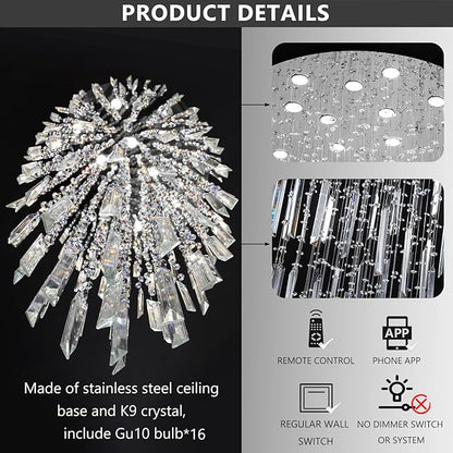 D40'' x H120'' Crystal Chandelier High Ceiling Chandeliers for Entryway Large Raindrop Chandeliers LED Dimmable Flush Mount Light Fixtures for Staircaes Foyer Hallway Living Room Bulbs Included Silver