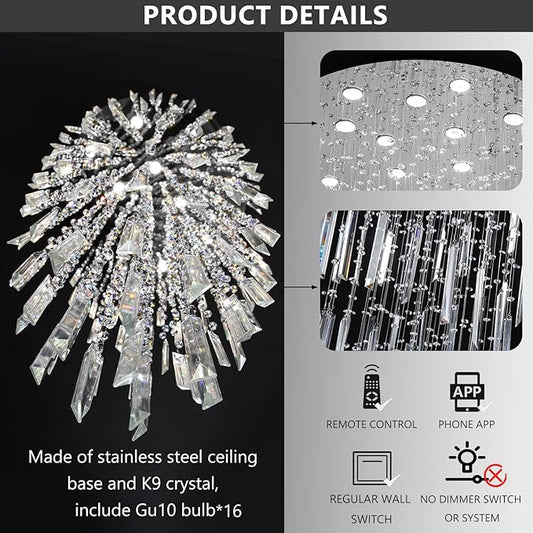 D40'' x H120'' Crystal Chandelier High Ceiling Chandeliers for Entryway Large Raindrop Chandeliers LED Dimmable Flush Mount Light Fixtures for Staircaes Foyer Hallway Living Room Bulbs Included Silver