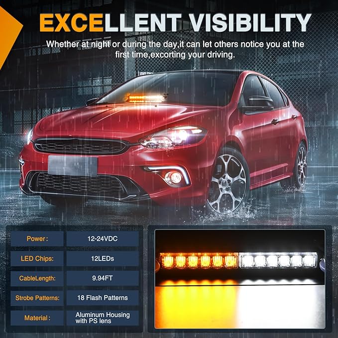Nilight 12LED Traffic Advisor Strobe Light Bar Amber White Emergency Warning Hazard Safety Dash Front/Rear Windshield Flashing Lights for Cars Trucks Police Firefighter Plow Construction Vehicles