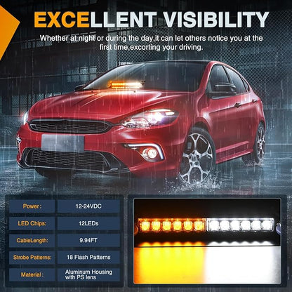 Nilight 12LED Traffic Advisor Strobe Light Bar Amber White Emergency Warning Hazard Safety Dash Front/Rear Windshield Flashing Lights for Cars Trucks Police Firefighter Plow Construction Vehicles