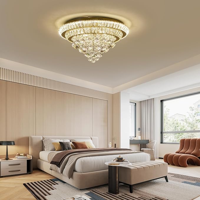 COCOSTAR 24" Gold Crystal Chandeliers, Flush Mount Chandelier LED Ceiling Light, Modern Crystal Raindrop Chandeliers for Dining Room, Living Room, Bedroom