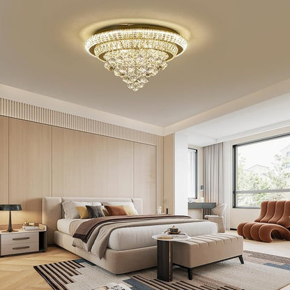 COCOSTAR 24" Gold Crystal Chandeliers, Flush Mount Chandelier LED Ceiling Light, Modern Crystal Raindrop Chandeliers for Dining Room, Living Room, Bedroom