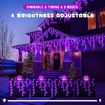 JMEXSUSS Purple Christmas Lights Outdoor, 800 LED Purple Icicle Lights Outdoor Waterproof, 8 Modes String Light Plug in for Fireplace Tree Garden Patio Halloween Decor