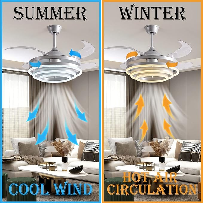 DatingDay 42" Invisible Ceiling Fan Chandelier Light,Modern DIY Ceiling Fan Light Remote Control 4 Retractable ABS Blades for Bedroom Living Dining Room Decoration