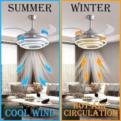 DatingDay 42" Invisible Ceiling Fan Chandelier Light,Modern DIY Ceiling Fan Light Remote Control 4 Retractable ABS Blades for Bedroom Living Dining Room Decoration