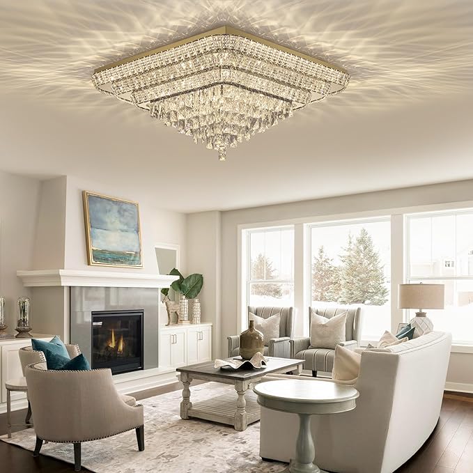 Miuyhji Elegant LED Gold Crystal Raindrop Ceiling Light,30 Inch Square Flush Mount Chandelier with Remote for Living Room Kitchen Island Bedroom Hallway Entryway Foyer (Dimmable)