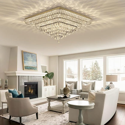 Miuyhji Elegant LED Gold Crystal Raindrop Ceiling Light,30 Inch Square Flush Mount Chandelier with Remote for Living Room Kitchen Island Bedroom Hallway Entryway Foyer (Dimmable)