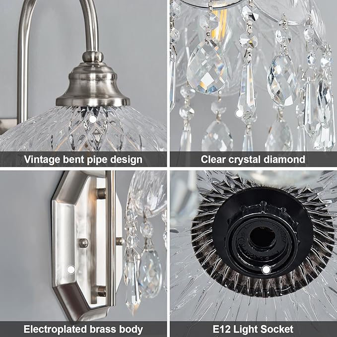1-Pack Vintage Wall Sconce,Glass Crystal Wall Sconce,Matte Brushed Antique Nickel Finish for Bedroom Bathroom Hallway Living Room Decor