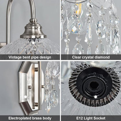 1-Pack Vintage Wall Sconce,Glass Crystal Wall Sconce,Matte Brushed Antique Nickel Finish for Bedroom Bathroom Hallway Living Room Decor