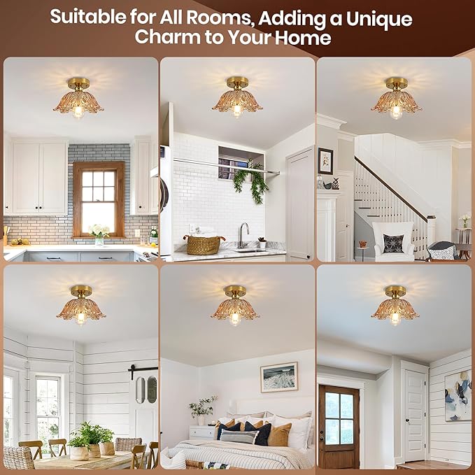 Vintage Semi Flush Mount Ceiling Light, Glass Semi Flush Mount Ceiling Light with Amber Floral Glass Shade, Gold Metal E26 Vintage Flush Mount Ceiling Light for Kitchen Dining Room Bedroom Hallway