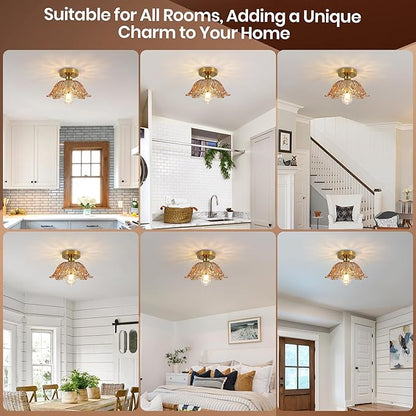 Vintage Semi Flush Mount Ceiling Light, Glass Semi Flush Mount Ceiling Light with Amber Floral Glass Shade, Gold Metal E26 Vintage Flush Mount Ceiling Light for Kitchen Dining Room Bedroom Hallway