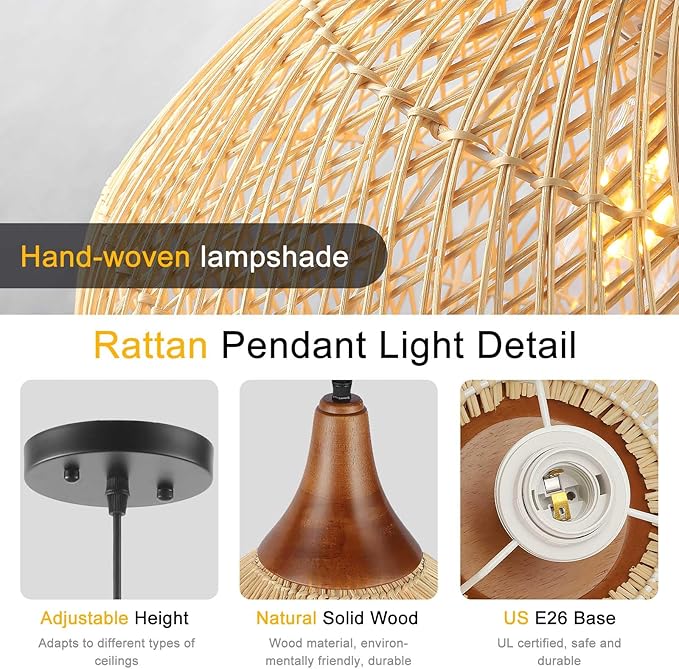 20" Large Rattan Pendant Light, Rattan Chandelier Hand-Woven Boho Pendant Light Fixtures with Solid Wood, Basket Wicker Chandelier for Dining Room Kitchen Island Living Room