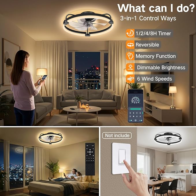 OUTON 20" Ceiling Fan with Light, Remote & App Control, Fandelier Low Profile Flush Mount Ceiling Fan with 3000K-6500K Stepless Dimmable, 6 Speed, Quiet DC Motor, Small Modern Ceiling Fans for Bedroom