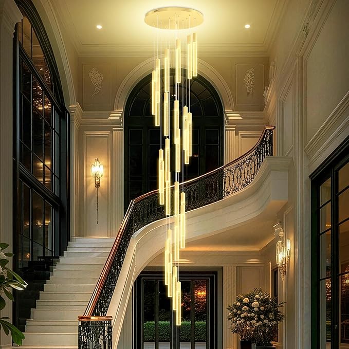 12FT High Ceiling Gold Crystal Chandelier 26-Lights Modern LED Dimmable Pendant Light for Entryway Living Room Dining Room Staircase Foyer Long Hanging Glam Fixture