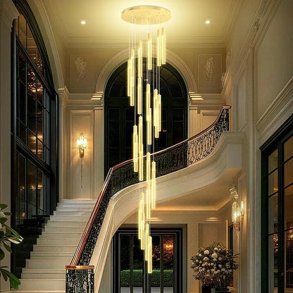 12FT High Ceiling Gold Crystal Chandelier 26-Lights Modern LED Dimmable Pendant Light for Entryway Living Room Dining Room Staircase Foyer Long Hanging Glam Fixture